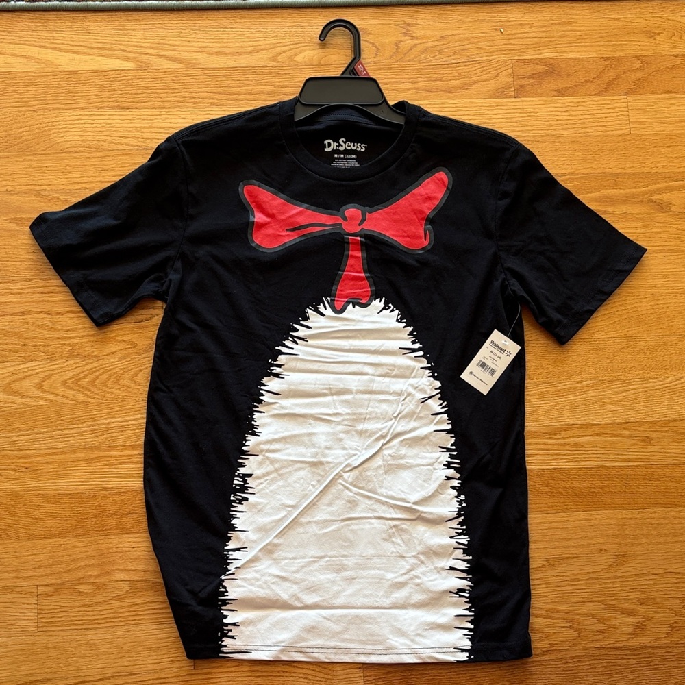 Dr. Seuss Black T-Shirt with Red Bow and White Design
